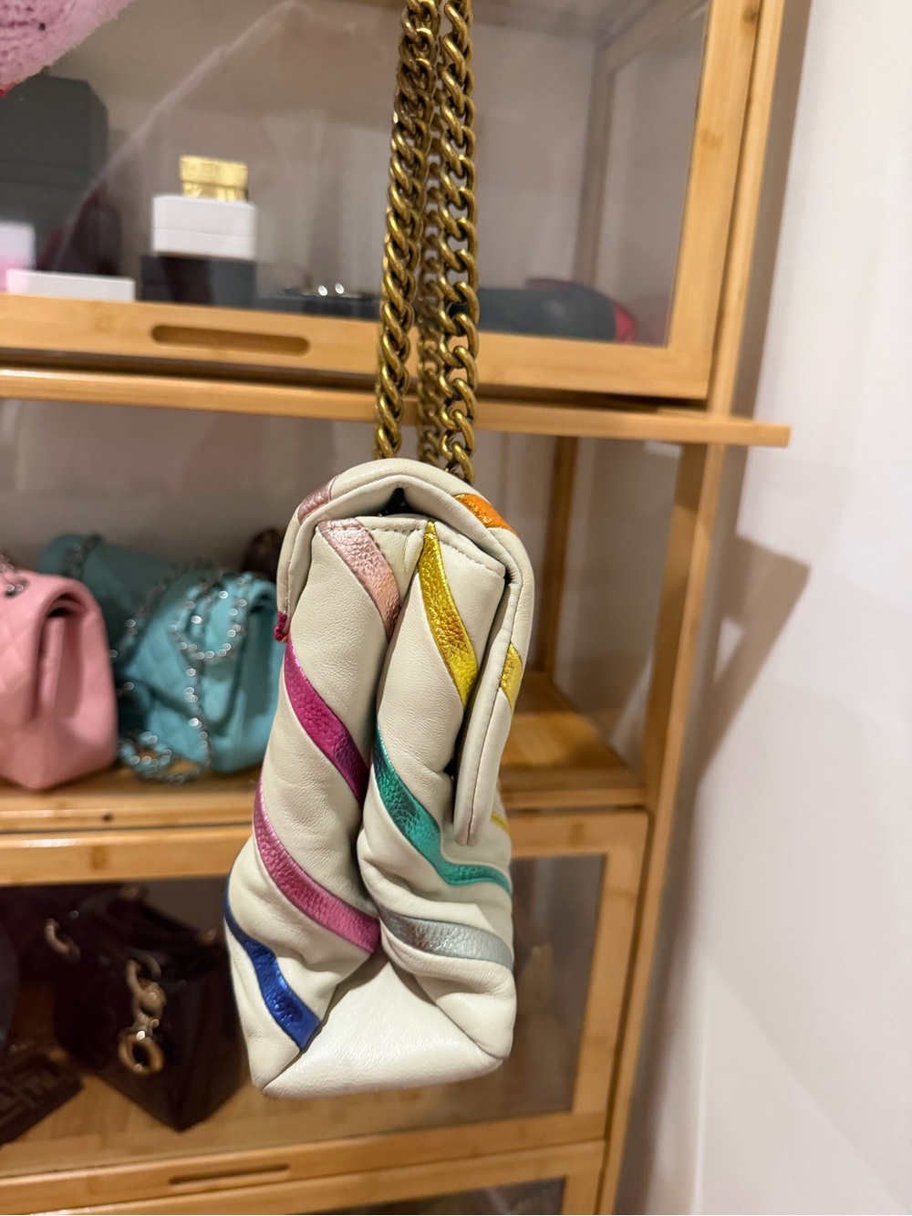 Authentic Kurt Geiger White Quilted Shoulder Bag with Multicolor Stripes - Picture 3 of 5